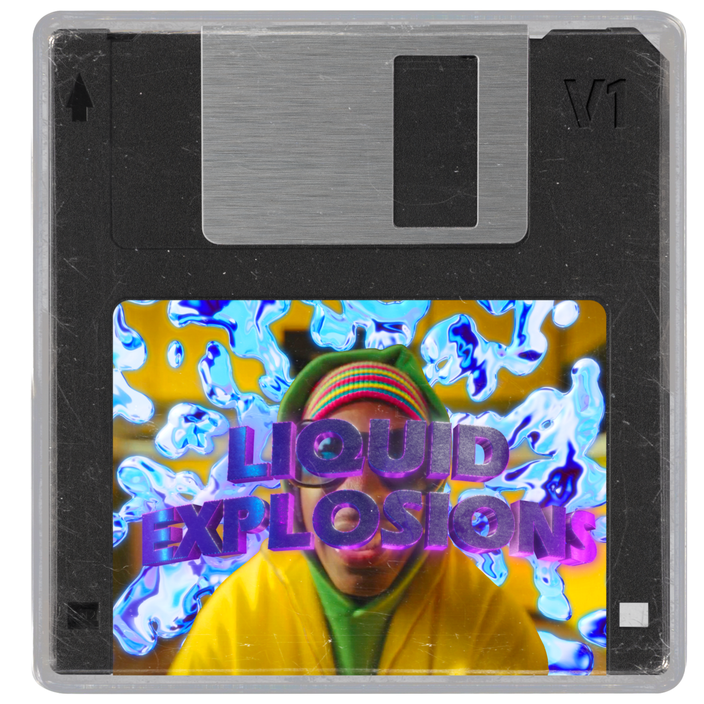 A digital product image featuring a stylized representation of a liquid explosion with a reflective surface, giving the impression of a physical object.