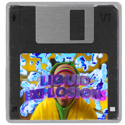 A digital product image featuring a stylized representation of a liquid explosion with a reflective surface, giving the impression of a physical object.
